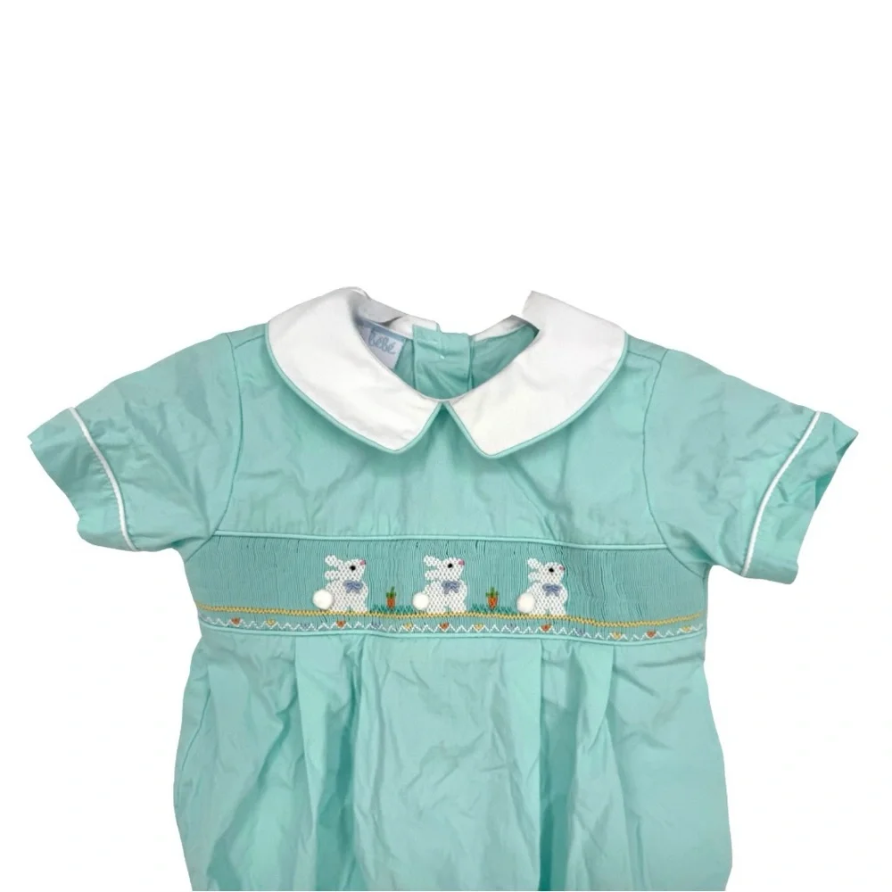 Petit Bebe Boys 9M Smocked Easter Bunnies Teal Bubble Spring Rabbit Short Sleeve